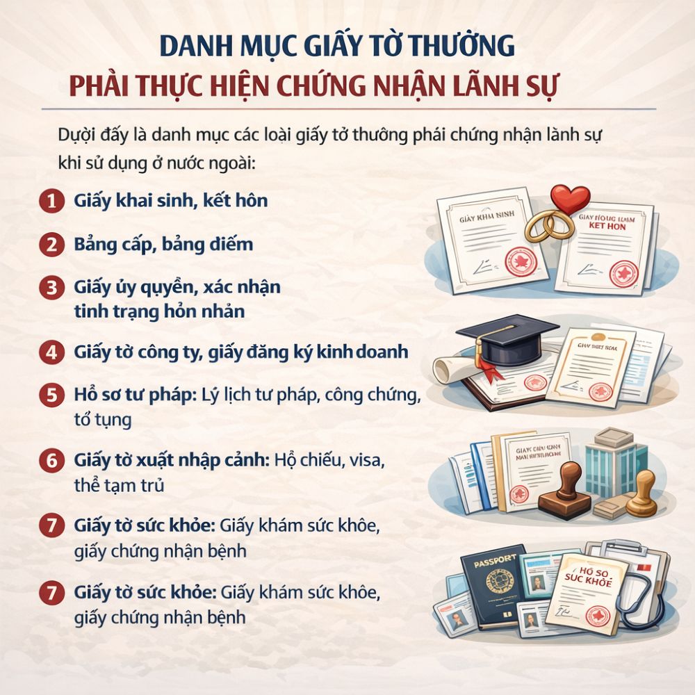 Cận cảnh mẫu tem chứng nhận lãnh sự được dán trực tiếp trên bản dịch thuật công chứng để xác thực tính pháp lý của tài liệu trước khi gửi ra nước ngoài.