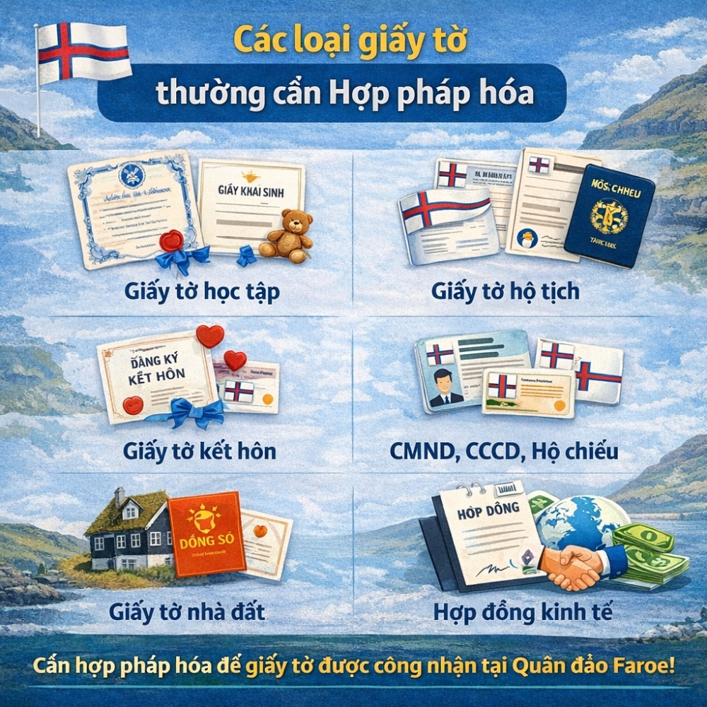 Để thực hiện Hợp pháp hoá lãnh sự Quần đảo Faroe, các loại giấy tờ phổ biến